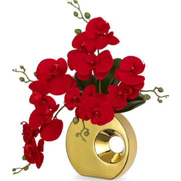 Artificial Orchid Flowers in Gold Pot 15.7" Tall Red Velvet Faux Orchid Arrangement Silk Orchid Flower Fake Orchids