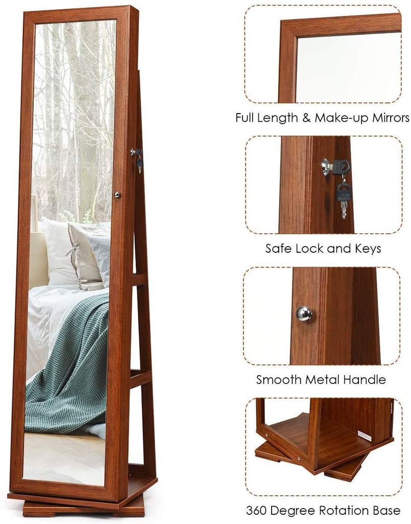 2-in-1 Mirrored Jewelry Cabinet, 360 Rotating Free Standing Jewelry Armoire, Lockable Large Capacity Jewelry