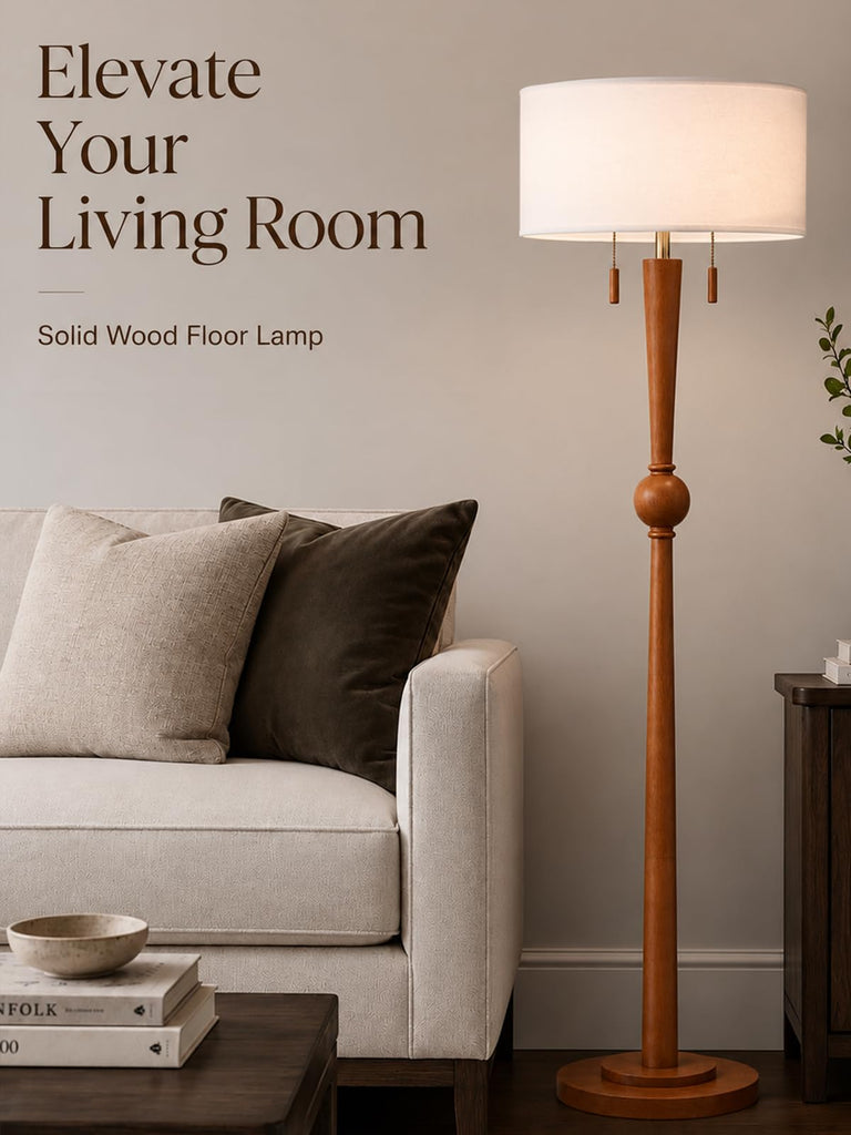 Solid Wood Floor Lamp, Pull Chains Standing Lamp