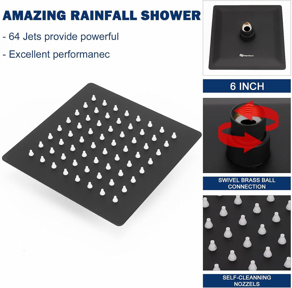 Rain Shower Head, High Flow Stainless Steel Square Rainfall Shower, High Pressure Design, Awesome Shower Experience