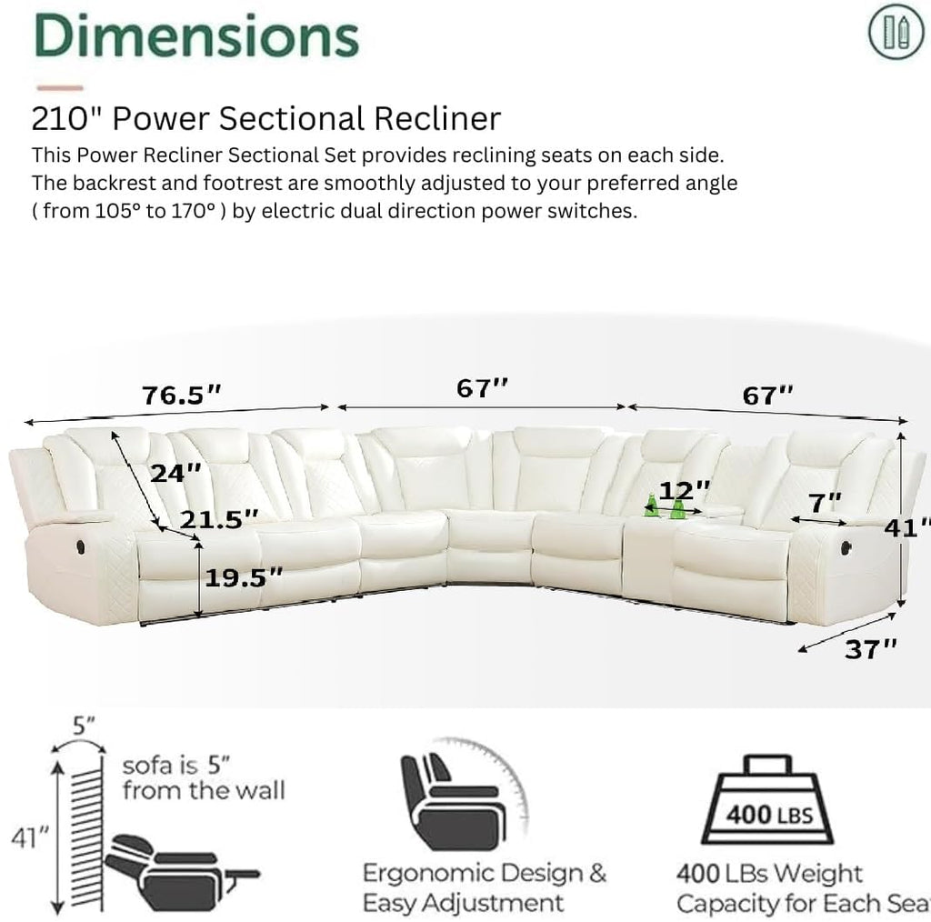 Power Recliner Sofa Sectional Sofa with LED Light, Air Leather Reclining Corner Sectional Sofa Set, Cup Holder