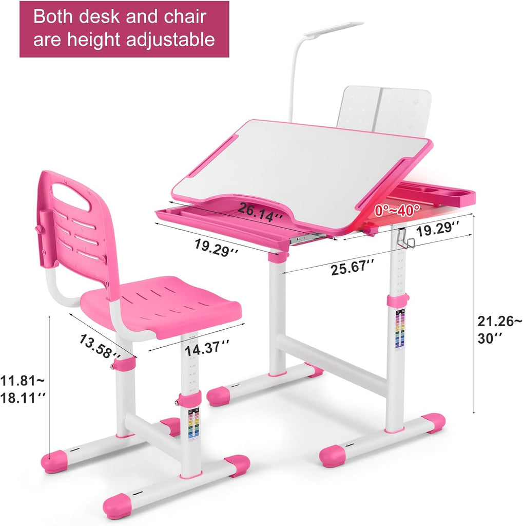 Kids Desk and Chair Set, Ergonomic Height Adjustable Kids Desk with Tiltable Desktop, LED Light & Pull-Out Drawer