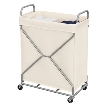 2 Section Laundry Sorter with Wheels, 160L Beige Hamper Basket