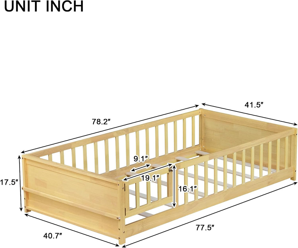 Montessori Floor Bed with Side Bookshelf, Natural, With Door
