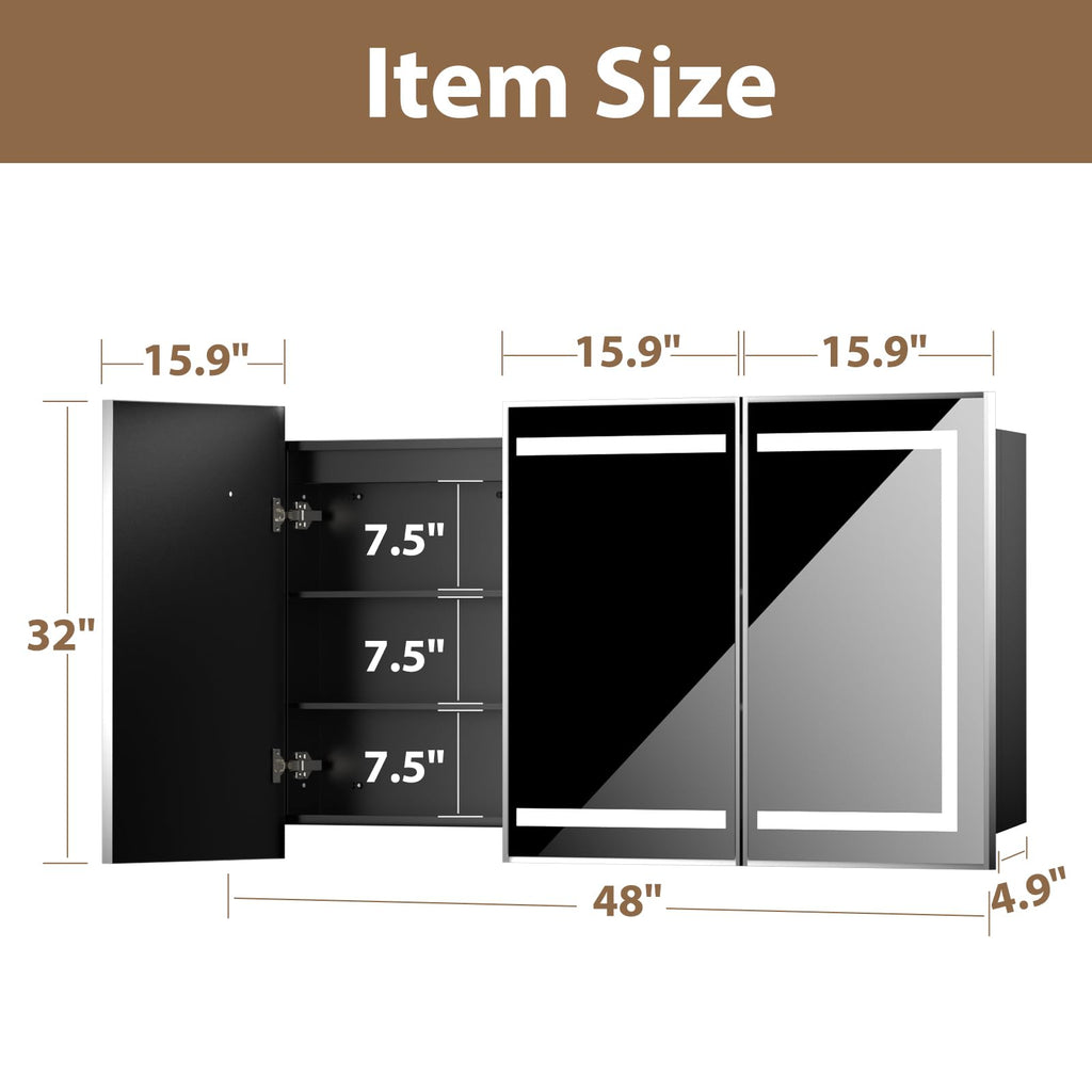 Led Medicine Cabinet with Mirror, Bathroom Vanity Mirror Cabinet with Shelves, 3-Color Lights Dimmer (Silver, 32" H x