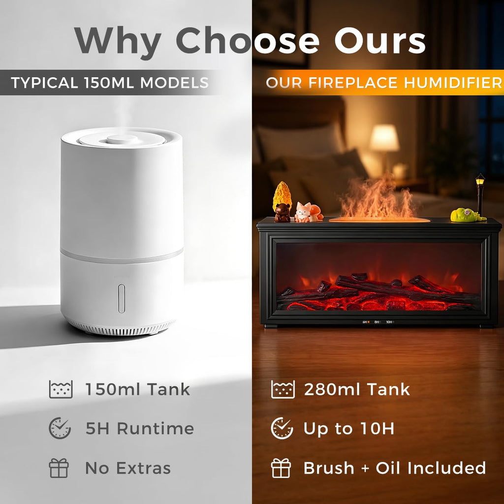 Fireplace Flame Humidifier, 280ml Essential Oil Diffuser