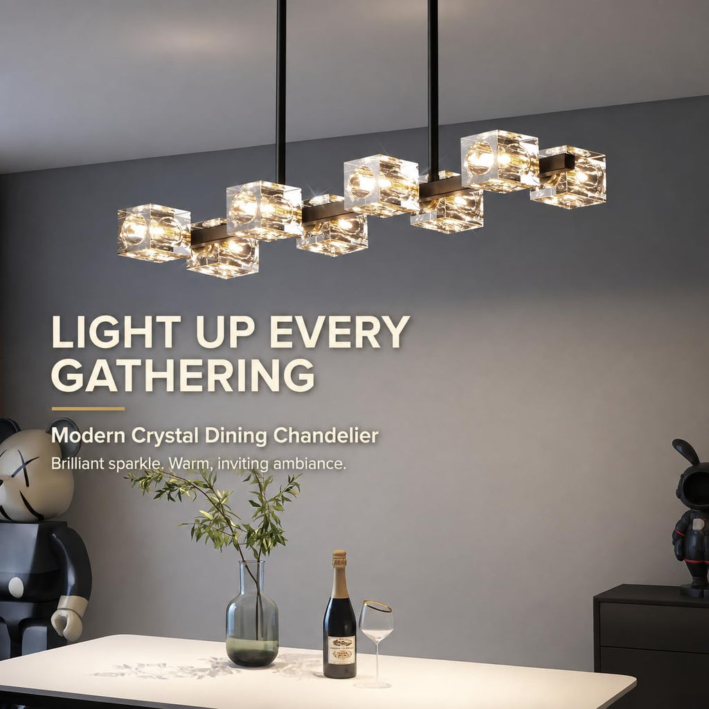 Crystal Chandeliers,8 Light Black and Gold Linear Dining Room Light Fixture Adjustable Height Hanging Ceiling Light