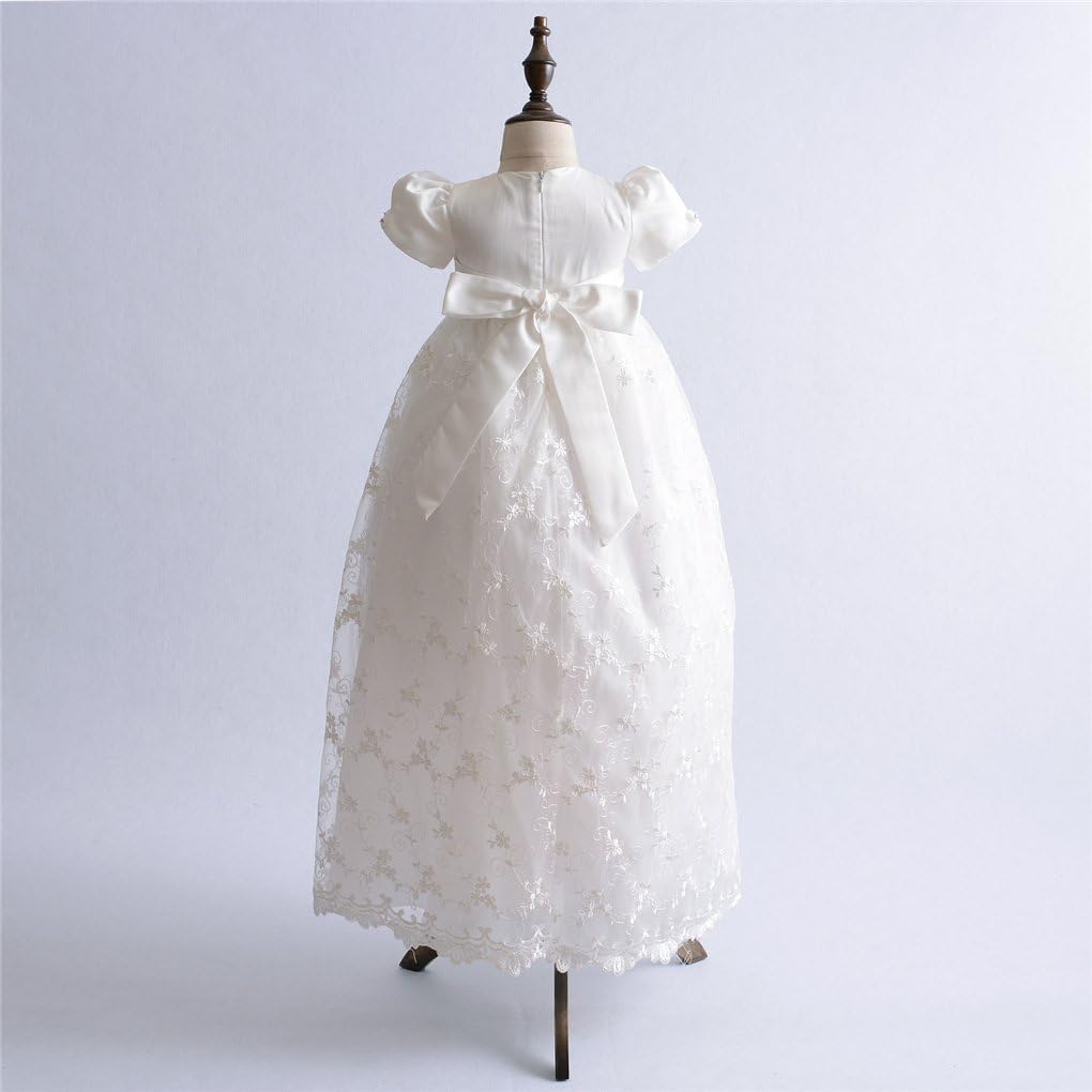 Baby Girls Floral Lace Empire Waist Organza Long Christening Gown Baptism Dress with Ruffle Bonnet