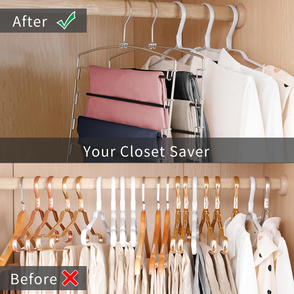 Pants Hangers Non Slip 3 Pack Space Saving Hangers Multi-Layer Swing Arm Pants Hanger Stainless Steel Space Saver