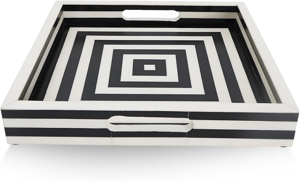 12x12 Decorative Tray for Coffee Table, Centerpiece & Vanity, Black and White Resin Inlay Concentric Pattern Inspired