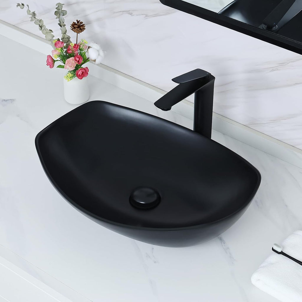 22" x 15.7'' Large Matte Black Oval Vessel Sink with Pop Up Drain,Bathroom Vessel Sinks,Bathroom Sinks Above