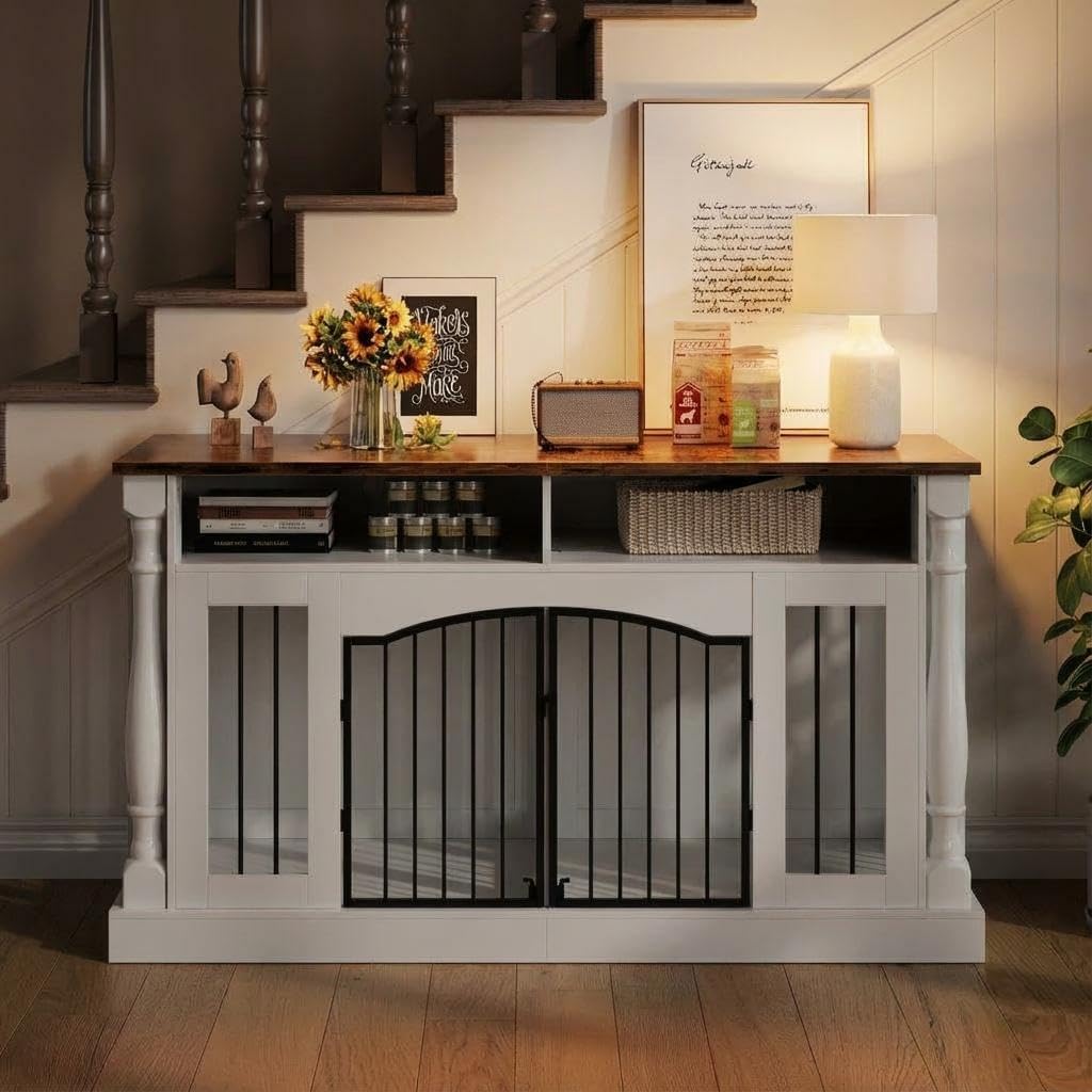 63" Large Dog Crate Furniture for Small & Medium Dogs, Roman Column Kennel Furniture with Semi-Open Storage, TV Stand
