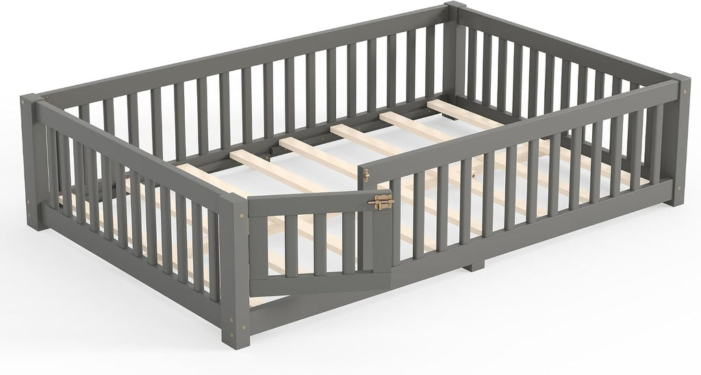 Full Size Montessori Floor Bed Frame with Slats and Fence for Kids, Gray