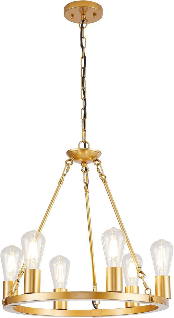 Inspired Camino Style Chandelier - 6 Lights Gold Wagon Wheel Chandelier, Modern Golden Pendant Lights Fixtures for Living Room, Bedroom, Entryway, Foyer, Haning Light with 18.1", E26 Bulbs A105-B0D78CKLVQ