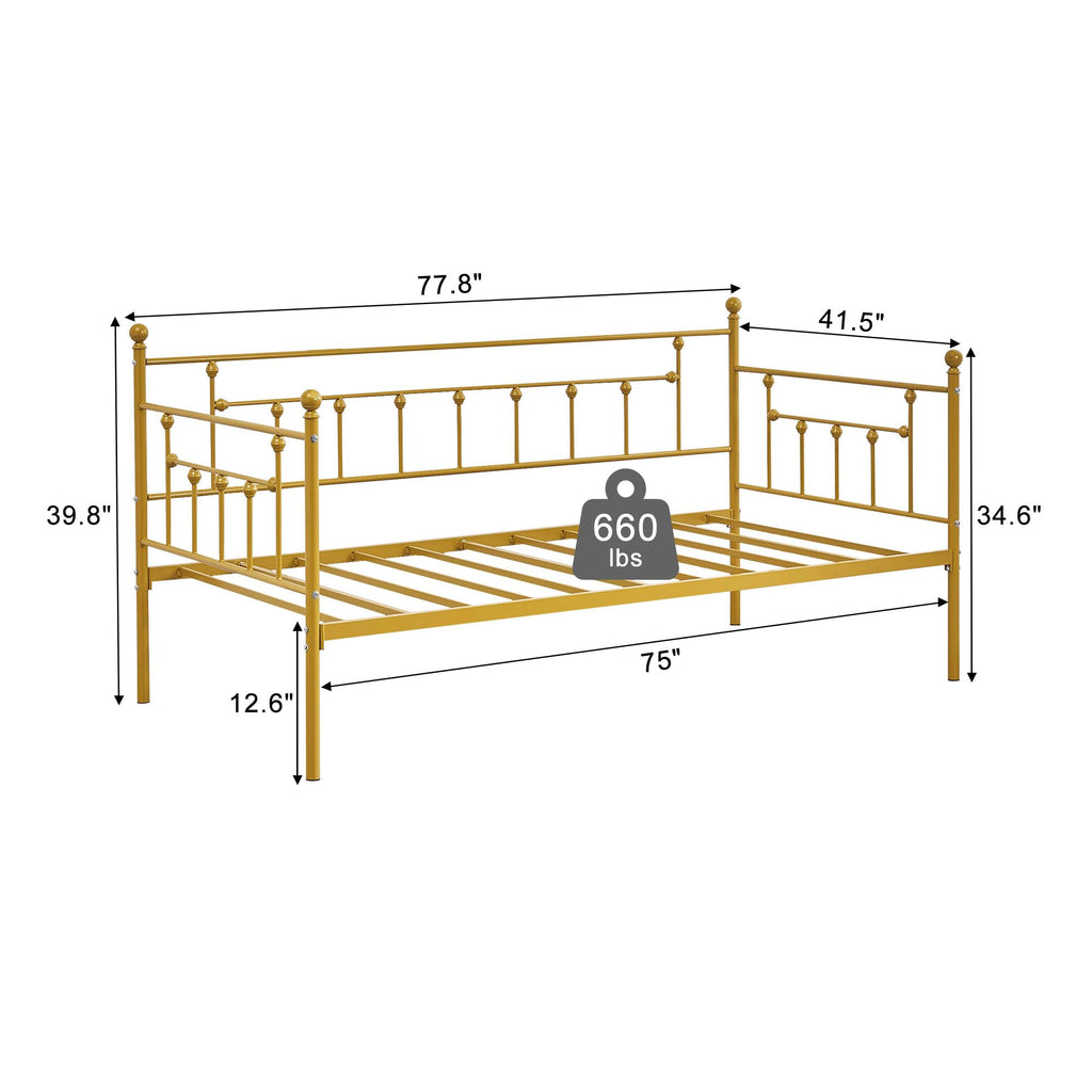 Twin Size Daybed Frame Metal Steel Slat Support with Headboard Sofa Bed Platform, Guest Room, Easy Assembly, Gold