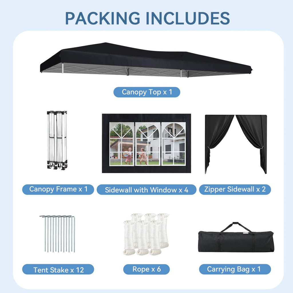 10x20 Pop Up Canopy Tent with Sidewalls, One-Push Instant Setup Waterproof Outdoor Canopy, 3 Adjustable Height