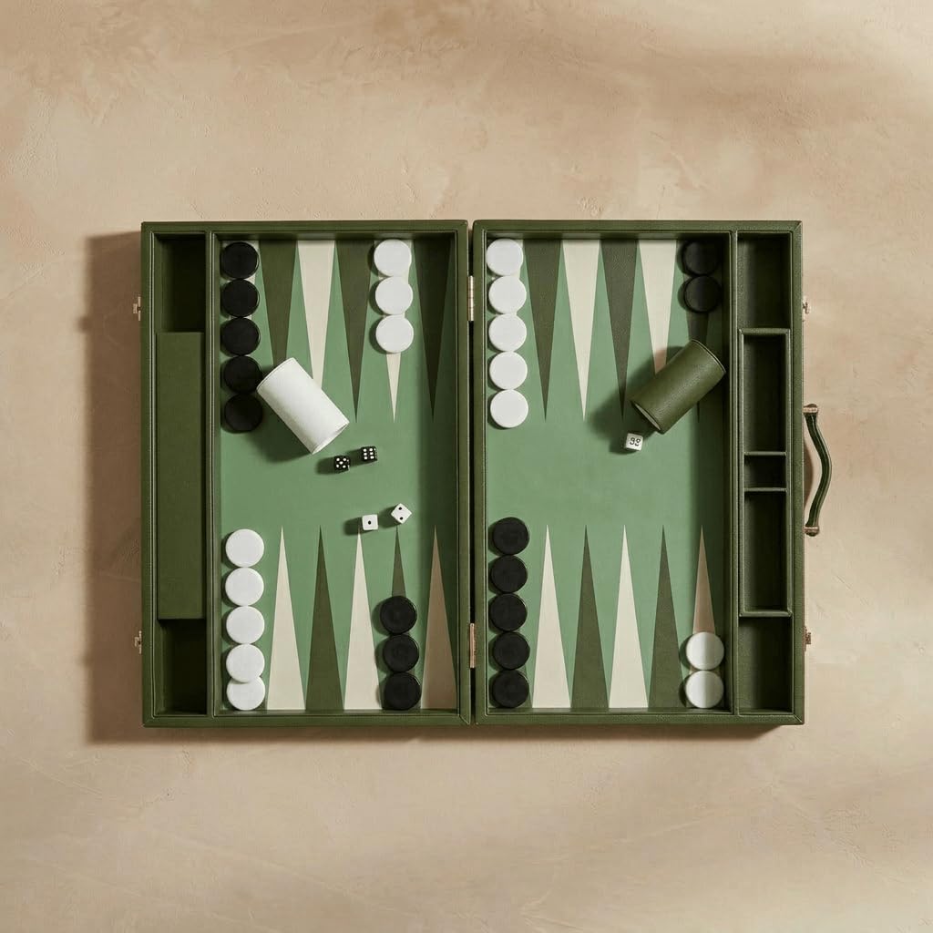 Premium Backgammon Set - 20 Inch Large Backgammon Game with Dice, Doubling Cube & Cups - Green & White Foldable