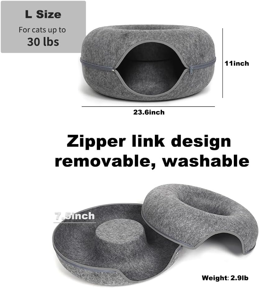 Large Cat Tunnel Bed for Indoor Cats with 3 Toys, Scratch Resistant Donut Cat Bed, Up to 30 Lbs (L 24x24x11, Dark
