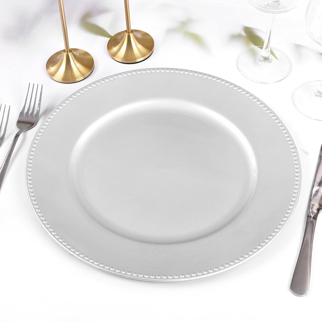 50 Pcs Silver Charger Plates 13" Round Charger Plates Bulk Beaded Charger for Dinner Plate Decorative Silver Plastic