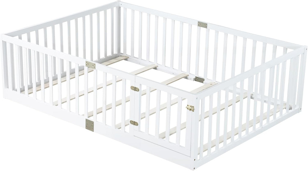 Toddler Floor Bed with Door&High Rails, White