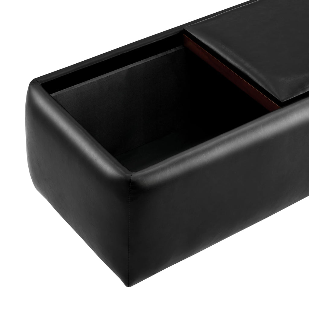 Storage Ottoman with Tray Lids, FSC Certified Small Rectangular Bench, Faux Leather in Black (Light)