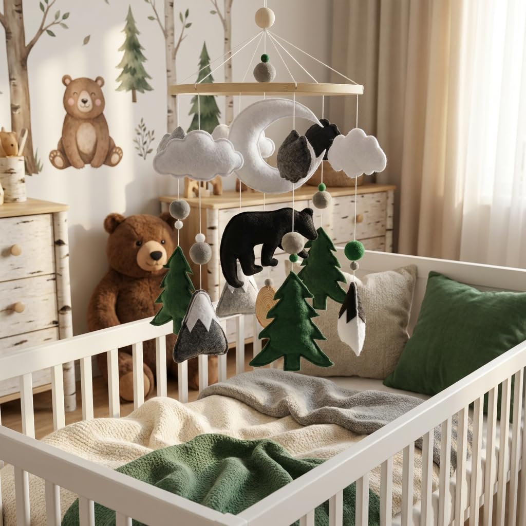 Woodland Mobile for Crib Bear Baby Mobile for Crib Woodland Crib Mobile for Boys Girls Forest Baby Nursery Mobile