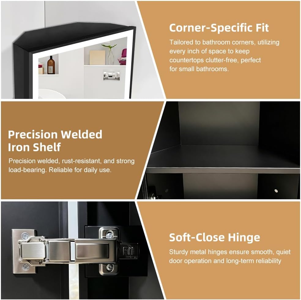 LED Corner Medicine Cabinet,3 Colors,Dimmer,Defogger,Aluminum Framed,Powder Coating Cabinet,14×27.5inch