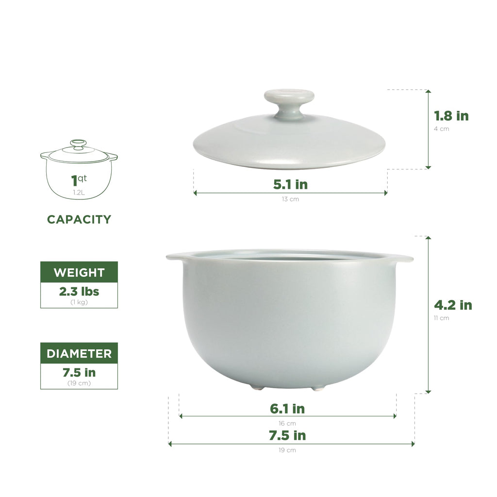 1-Qt Porcelain Dutch Oven with Lid - Lead & Cadmium Free, Oven Safe to 482°F, Heat Retention, Clay Pot for Cooking on