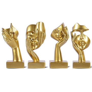 Gold Abstract Thinker Figurine Set of 4, Home Art Face Small Statue for Accents Decor Women Bedroom Shelf Bookcase