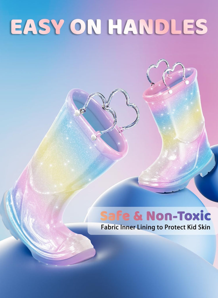 Toddler Rain Boots Girls Rain Boots - Glitter Light Up Kids Rain Boots with Easy-On Handles Lightwight Waterproof