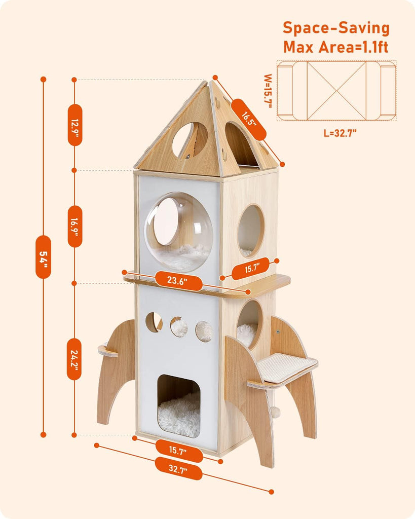 Modern Cat Tree Rocket Shape, 54" Wood Cat Tower Multilevel for Indoor Cats, Cat Furniture with 3 Condos, Dangling