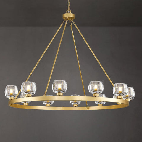 Gold Wagon Wheel Chandelier, 59 Inch Brass Chandeliers with Unique Glass Shade, 15-Light Crystal Large Wagon Wheel Chandeliers for Dining Room, High Ceiling Round Chandelier for Living Room, Foyer A126-B0DT49FMCY