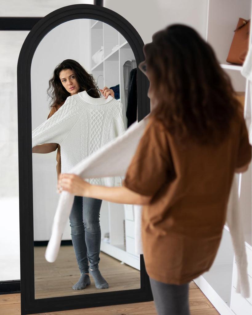 Full Length Mirror 71"x32", Arched Solid Wood Frame with Stand