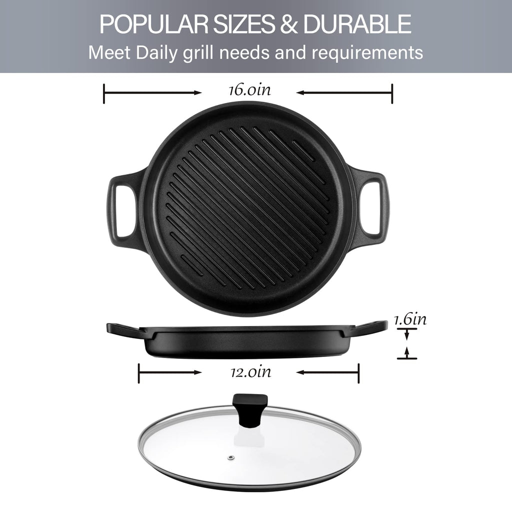 Cast Aluminum Griddle Pan for Stovetop with Lid - Lighter than Cast Iron Skillet, Round Frying Pans Nonstick Grill Pan