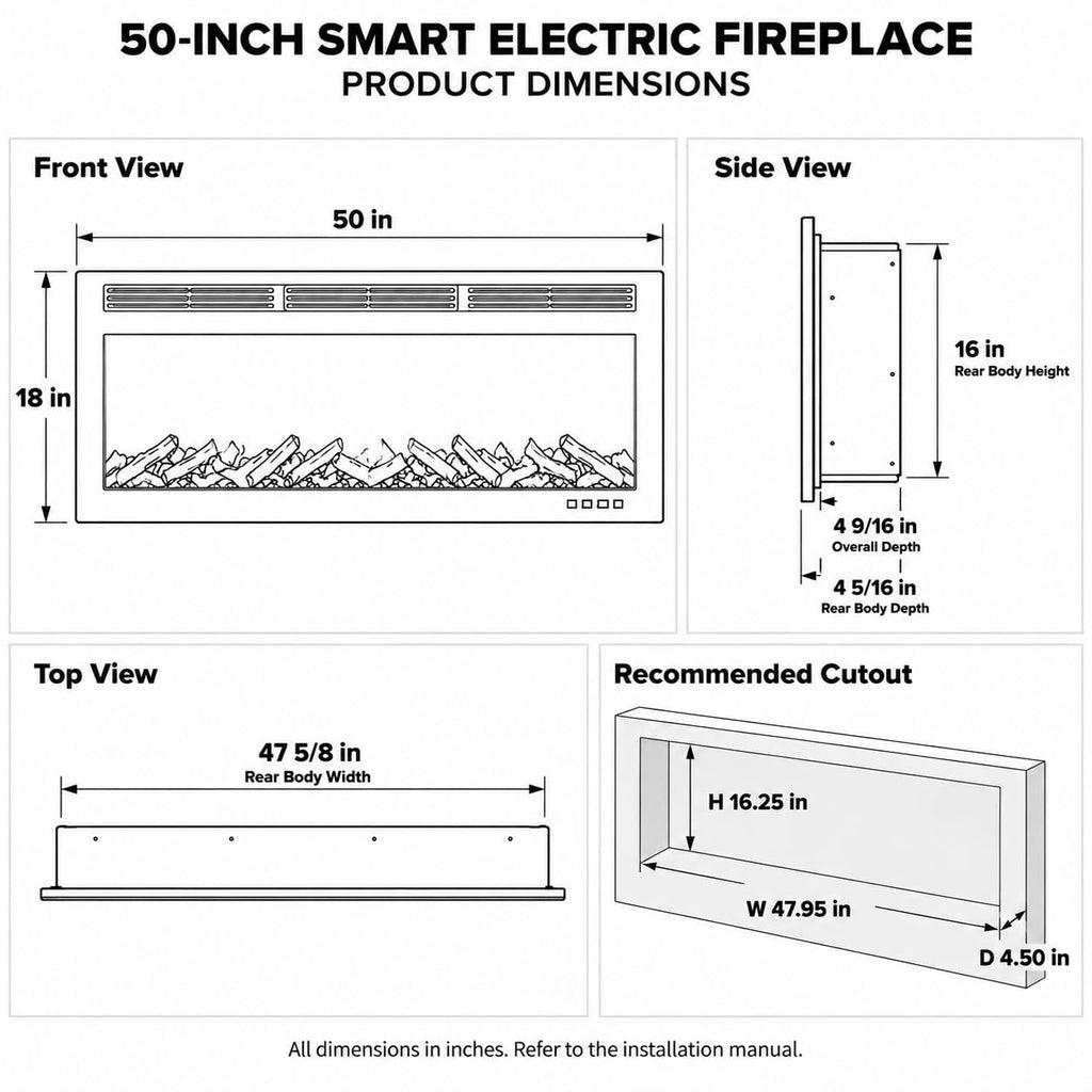 50 Inch Smart Electric Fireplace, WiFi & Alexa Smart Control