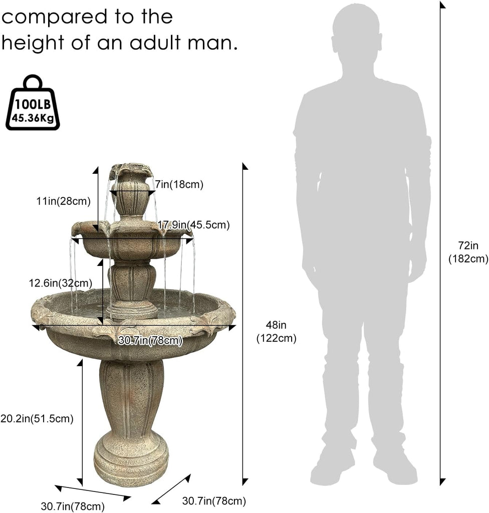 48" Water Fountain Outdoor - Large Waterfall Fountain Outside, 3-Tiers Cascading, Fiber Reinforced Concrete