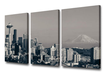 3 Piece Black and White Canvas Wall City Seattle Skyline Wall Pictures Modern Washington Cityscape Wall Decor