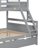 Trundle Bunk Bed, Twin Over Full Wood Bunk Bed with Twin Trundle, Solid Wood Bunk Bed Frame with Guardrail and Ladder