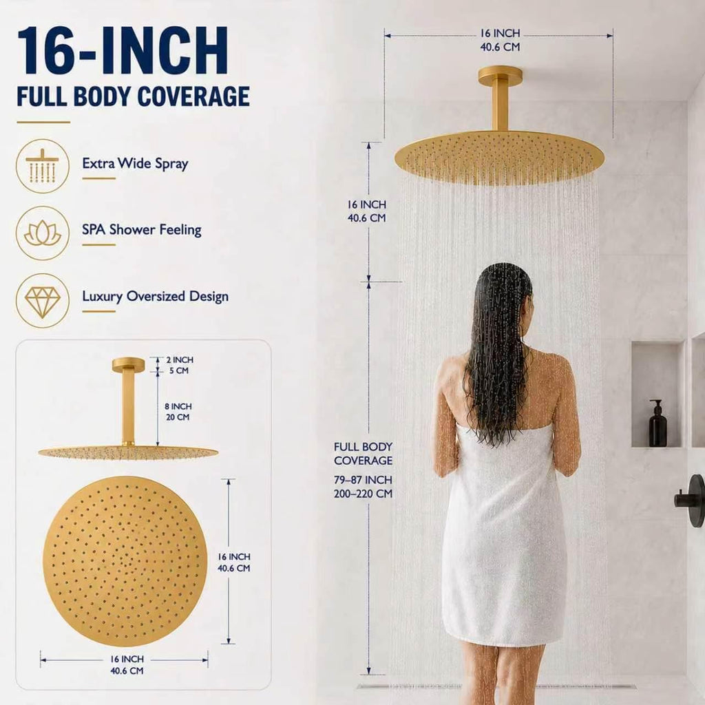Gold Rain Shower Head, 16 Inch High Pressure Shower Head, 304 Stainless Steel Ceiling Mount Extra Large Waterfall Top