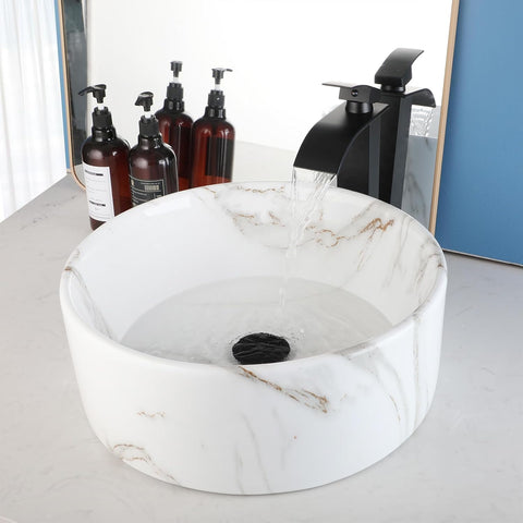 Bathroom Vessel Sink With Black Faucet And Drain White Marble Ceramic Vessel Sink 16 inch Round Vessel Sink Above