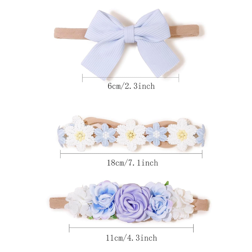 Nylon Headbands for Baby Girl, 3Pcs Handmade Floral Hair Bows, Stretchy Flower Hairbands for Newborns Infants Toddlers