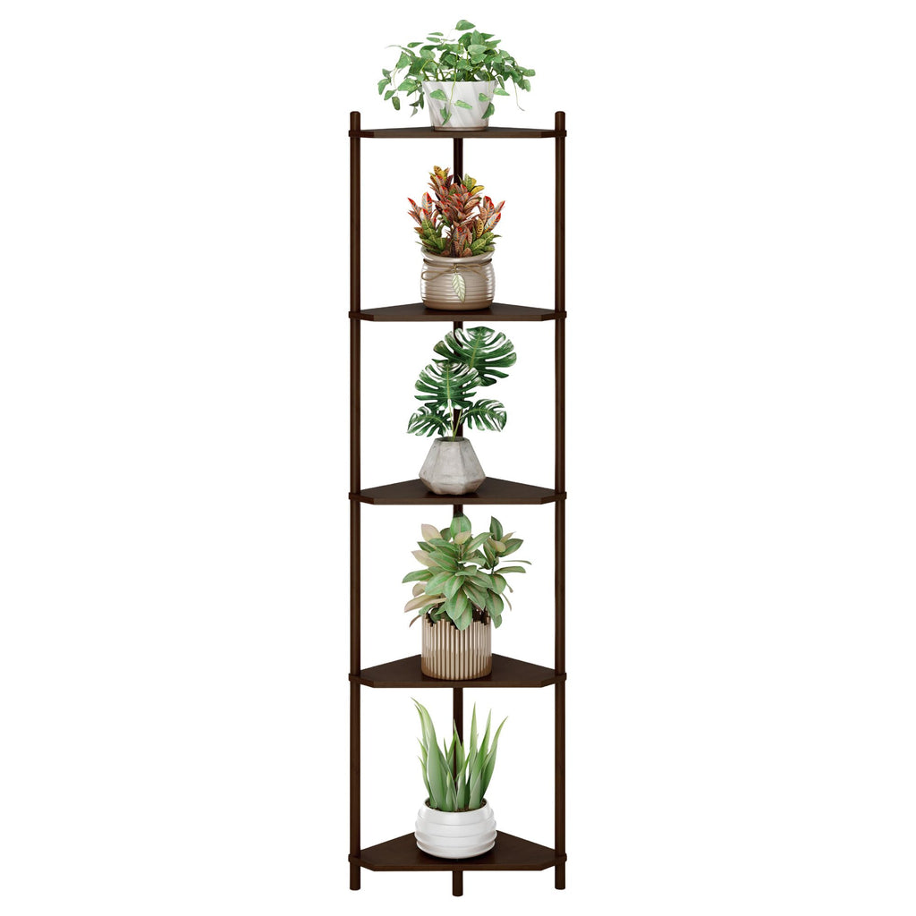 Brown Tall Corner Shelf Stand, 5-Tier Bamboo Corner Bookshelf