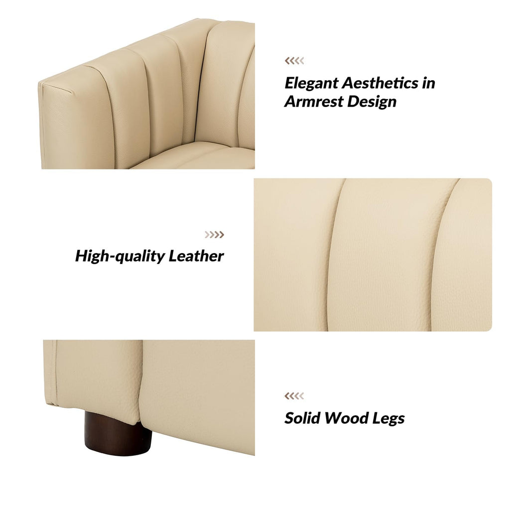 83" Genuine Leather Sofa with Channel Tufted Design, Beige