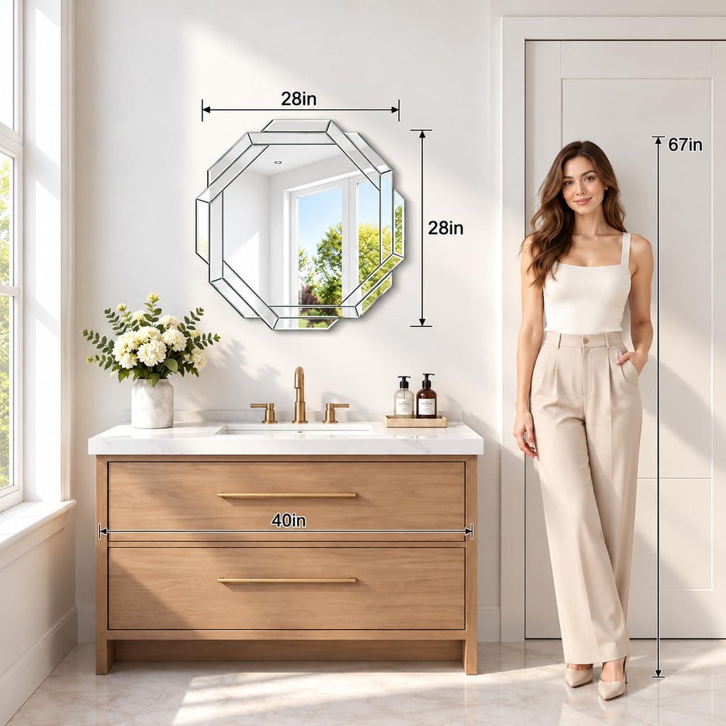 Bathroom Mirror-28"X28" Wall Mirrors Decorative, Beveled Edge Frameless Mirror for Wall Bathroom, Vanity Room