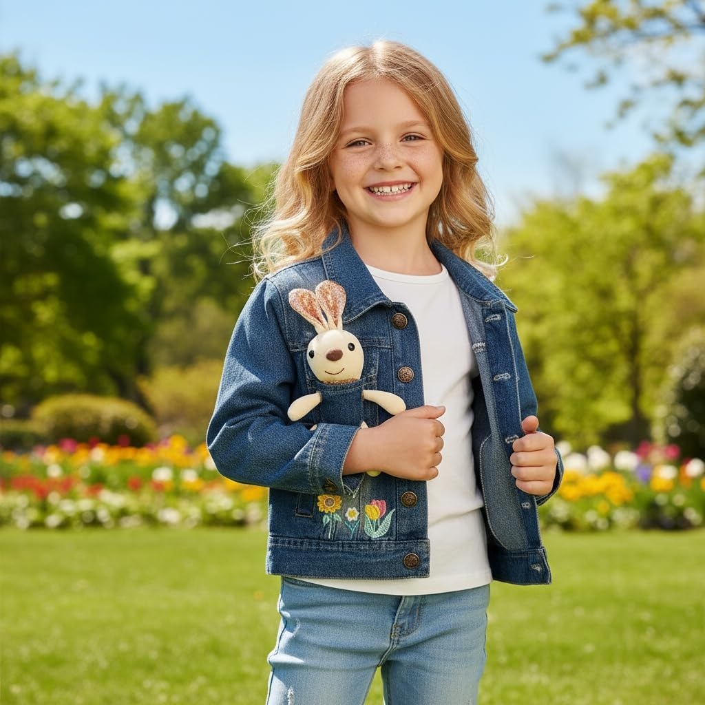 Peaoclate Little Big Girls Embroider Rabbit Denim Jacket