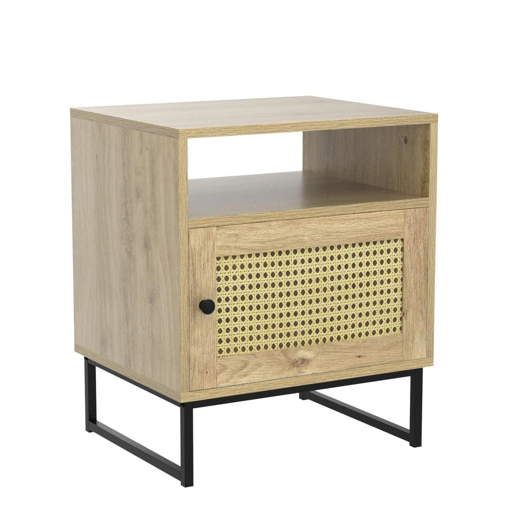 Rattan, Indoor Sofa Side Table with Shelf & Rattan Door Cabinet, Steel Base, Wood Finish, Natural Style Nightstand