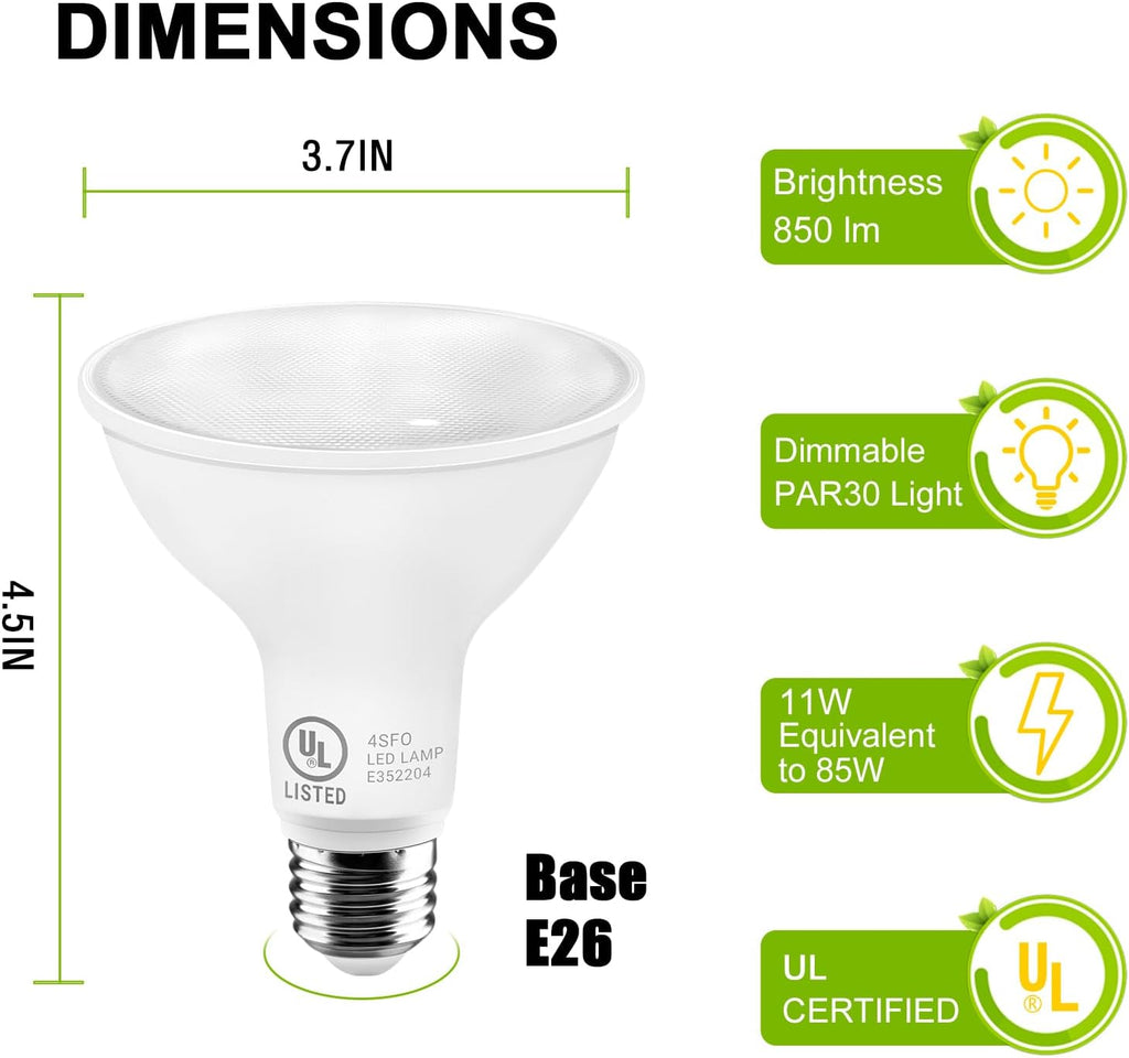 11W Par30 LED Bulb (75W Equivalent), UL Listed, 5000K Daylight White Dimmable Flood Light Bulbs, 850 Lumens, E26