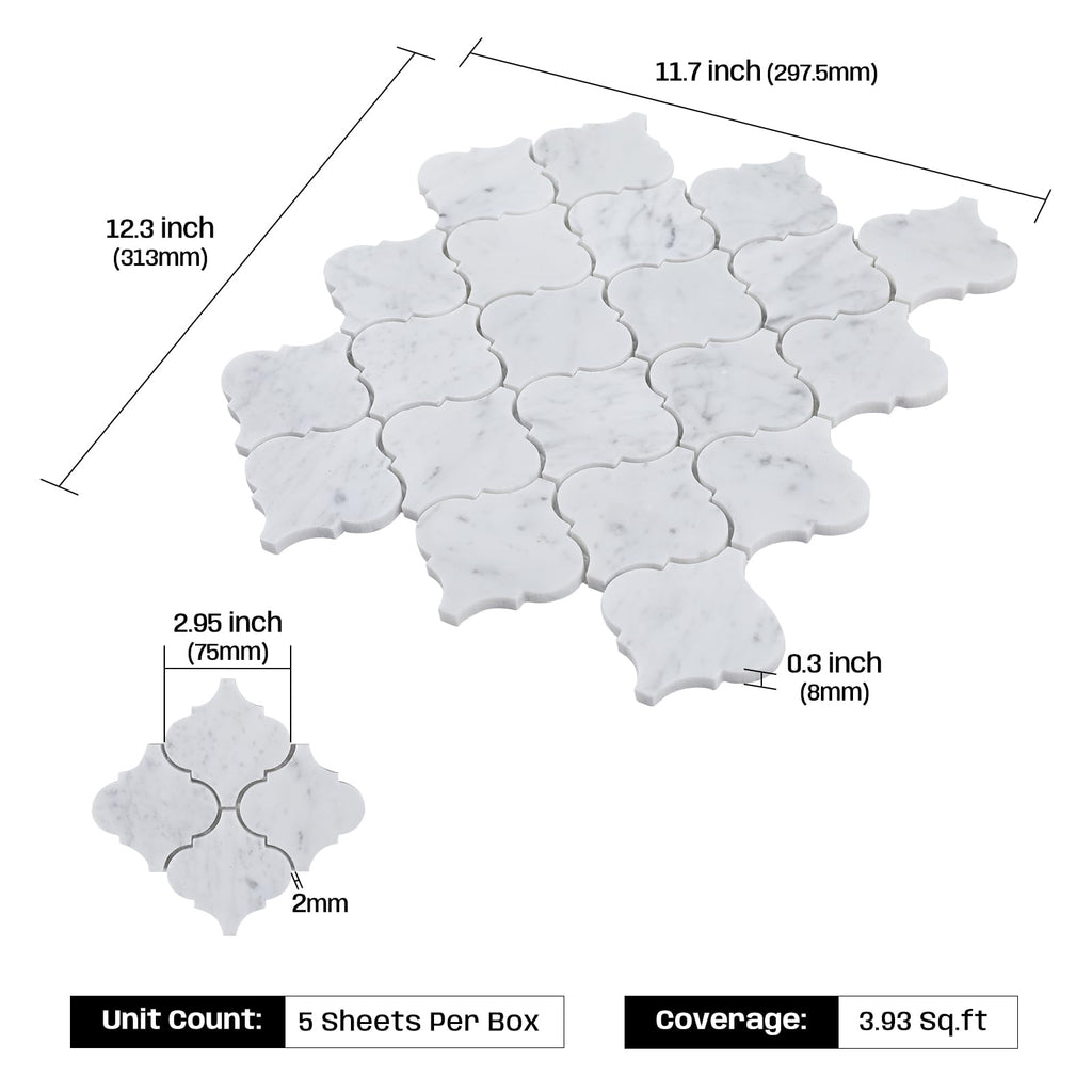 3 Inch Arabesque Carrara White Marble Mosaic Tile for Wall Floor, 5 Sheets