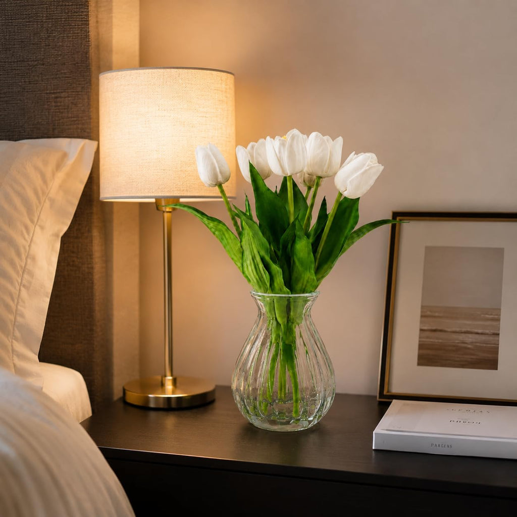 Artificial Tulips with Ribbed Glass Vase, White