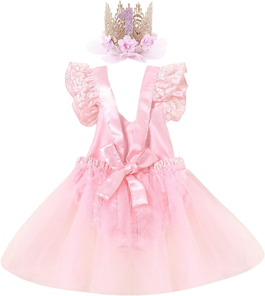 Baby Girl 1st Birthday Outfit Lace Tulle Romper Princess Tutu Dress Headband Shiny ONE Cake Smash Photo Shoot Clothes